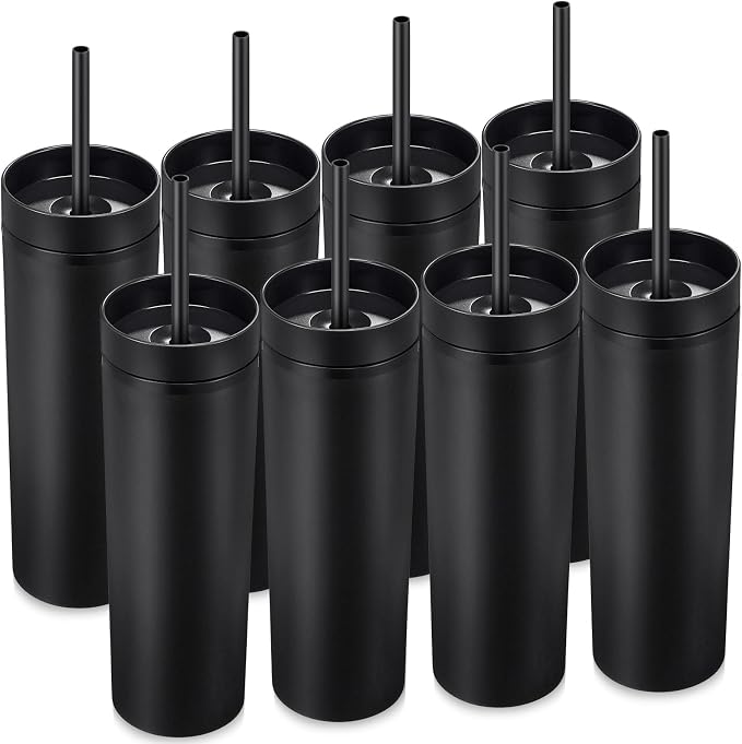 Mimorou 8 Pack Skinny Tumbler with Lids and Straws 16 oz Matte Acrylic Tumblers Straight Double Wall Plastic Reusable Cup Laser Engrave Customized DIY Gifts for Parties Birthday Home Office (Black)