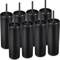 Mimorou 8 Pack Skinny Tumbler with Lids and Straws 16 oz Matte Acrylic Tumblers Straight Double Wall Plastic Reusable Cup Laser Engrave Customized DIY Gifts for Parties Birthday Home Office (Black)