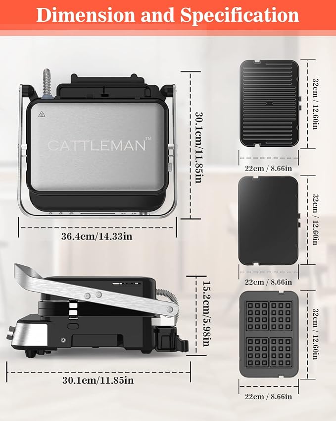 CATTLEMAN Panini Press Grill Sandwich Maker with Removable Plates, 1600W, 6 in 1 Indoor Grill with Meat Thermometer, Electric Contact Grills for Kitchen, Stainless Steel