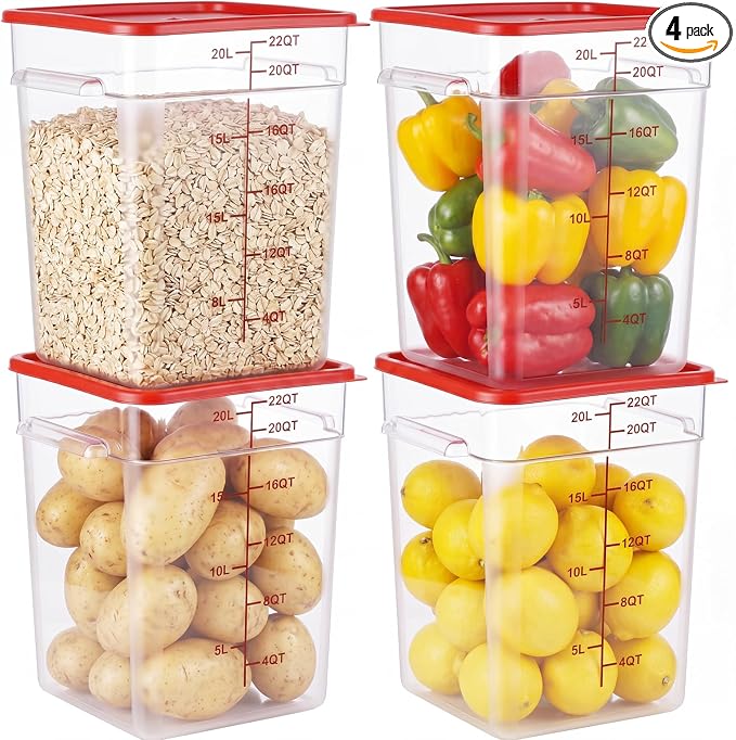 4 Pack Food Storage Containers with Red Lids, 22.0 Qt - Square, Clear, Polycarbonate, for Restaurant Commercial Kitchen and Home party