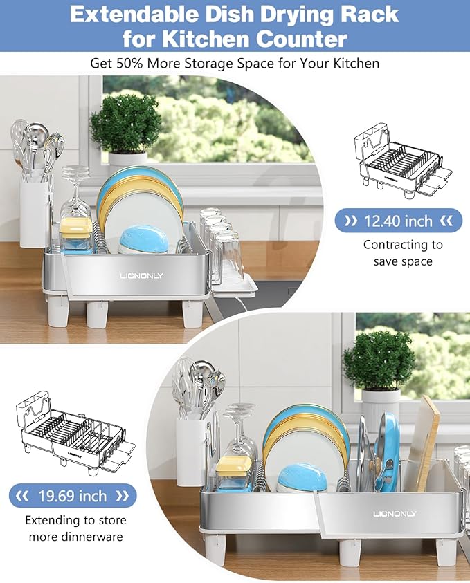 Dish Drying Rack, 304 Stainless Steel Expandable Dish Rack with Adjustable Drain Spout, Large Capacity Dish Drainer with Utensil Holder, Cup Holder and Cutting Board Rack for Kitchen Counter, White