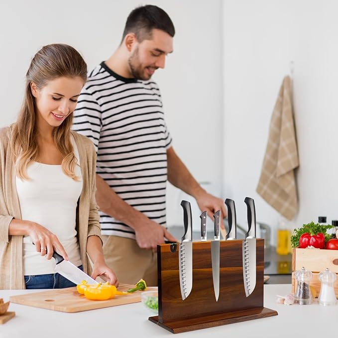 Magnetic Knife Block 14.9 x 10 inch Double Sided Magnetic Knife Holder Rack Acacia Wood Magnetic Knife Stand Knives Storage Rack with Knife Sharpener