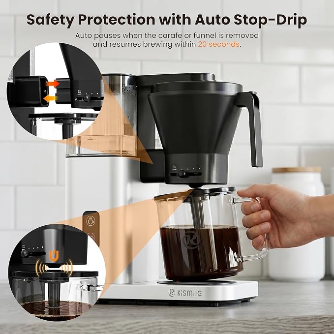 Kismile 8-Cup Coffee Maker, SCA Certified Hot & Cold Brew Coffee Machine, 6-Min Quick Brew, Magnetic Anti-Drip, Adjustable Flow Control, Keep Warm, Dishwasher Safe, DIY Manual Mode, Silver
