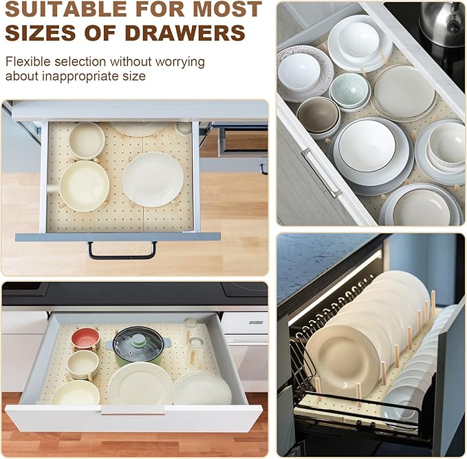 Kigley 6 Pcs Wood Pegboard Drawer Organizer with 48 Pegs Wooden Peg Board System Peg Drawer Organizers for Kitchen Dishes Plate Pegboard Food Containers(20.98x5.91,Wood)