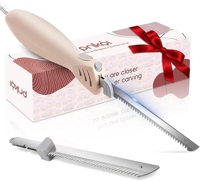 Prikoi Electric Knife - Carving Knife Set, Easy-Slice Serrated Edge Blades for Meat, Bread, Fillet, DIY, Ergonomic Handle + 2 Blades New Upgrade (White)