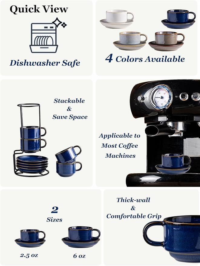 Gomakren 2.5 Ounce Espresso Cups Set of 4, Small Stackable Coffee Cups with Saucers and Metal Stand Father's Day Porcelain Demitasse Cups for Specialty Coffee Drinks, Espresso, Cappuccino, Cobalt Blue