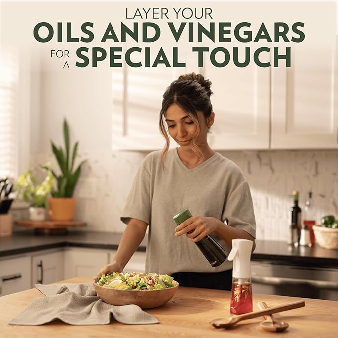 OLIVIA SIGNATURE Advanced Kitchen Oil Sprayer Technology, Fine Mist & Portion Control, Refillable Glass Olive Oil Cooking Spray Bottle for Air Fryer, Salad, BBQ, 2 Pack 200ml (Green)