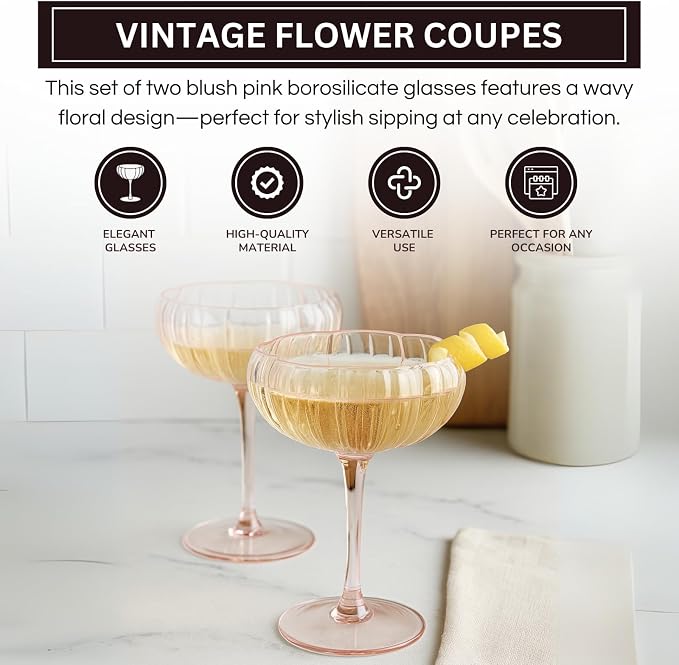 Khen Flower Modern Wavy Glass Coupes Martini, Champagne & Cocktail Coupes - Set of 2-7.7oz Colorful Cocktail Glasses & Prosecco, Mimosa Glassware Copyright Design - Blush Pink