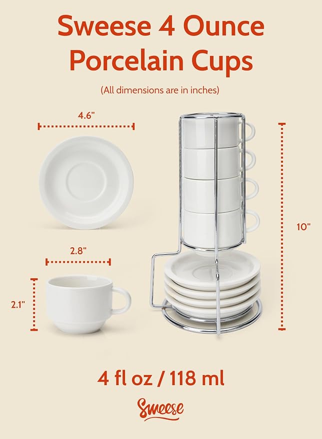 Sweese Porcelain Espresso Cups Set, 4 oz Stackable Cups with Saucers Metal Stand, Set of 4, White