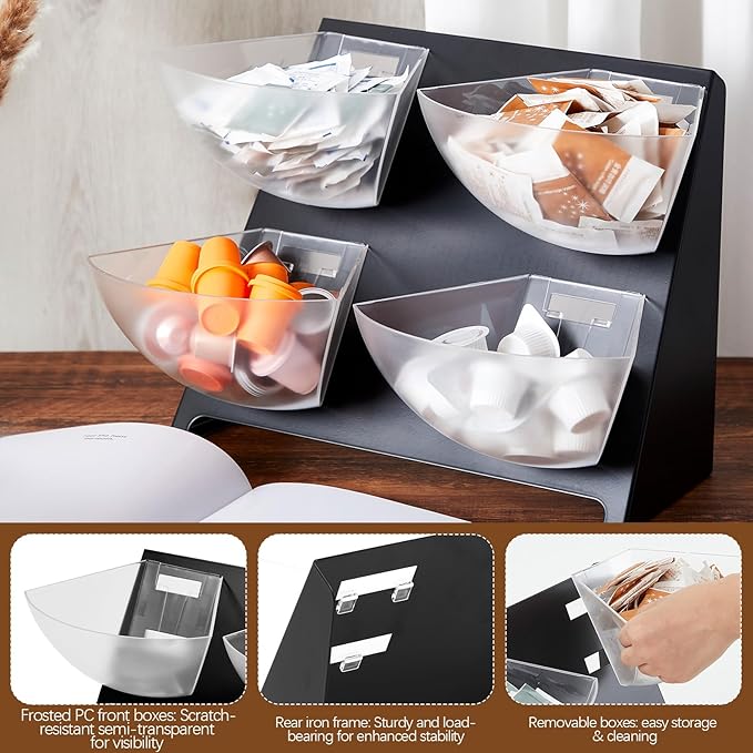DoubleFill 15.5''x10''x 10.5'' Coffee Condiment Packet Organizer with 4 Removable Compartments Steel Coffee Caddy Station Creamer Sugar Tea Holder for Bar Countertop Office Kitchen Accessories(Black)