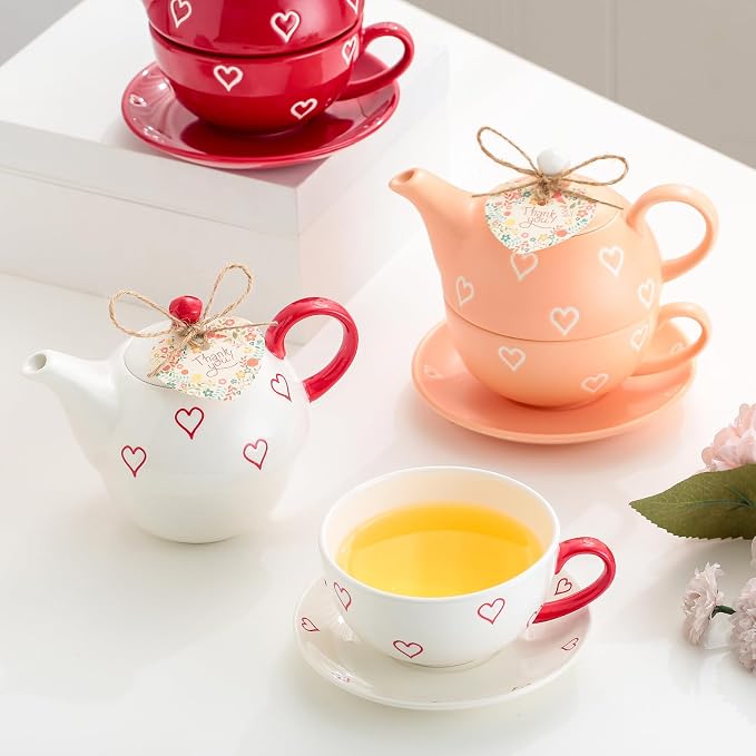 Domini Teapot cup combo,Teapot and Teacup for One,Tea Cup and Saucer Set-Tea Pot Set Gift for Girl Women,Bright white