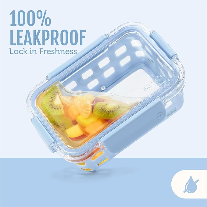 Ello Duraglass 3.4 Cup Meal Prep Sets 10Pc, 5 Pack Set- Glass Food Storage Container with Silicone Sleeve and Airtight BPA-Free Plastic Lids, Dishwasher, Microwave, and Freezer Safe, Halogen Blue