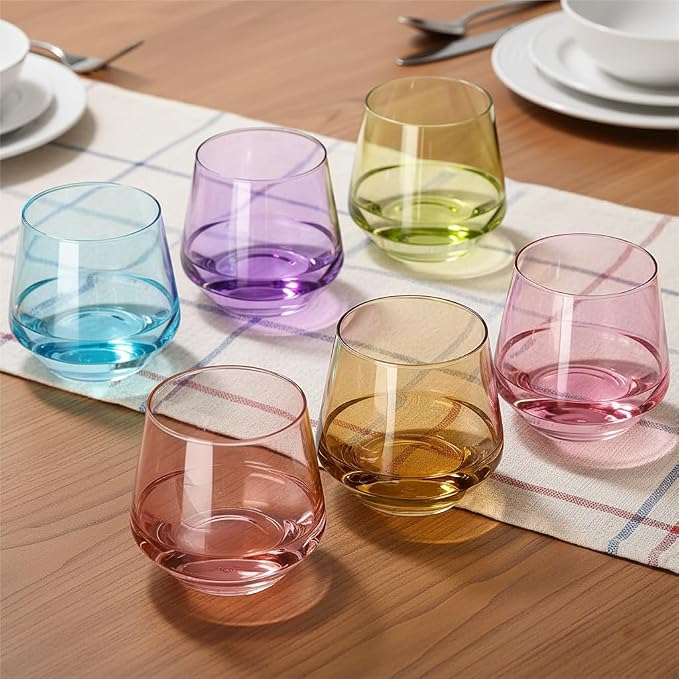 Physkoa Colored Stemless Wine Glasses Set of 6, Multi color Wine Glasses14oz,Diamond Shaped Cocktail Glass,Colorful Short Tumblers.Unique Drinkware for Home Party