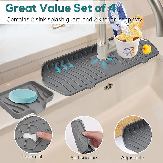 4 PCS Kitchen Sink Splash Guard and Soap Tray, Silicone Faucet Guard Mat Faucet Splash Catcher Sponge Holder with Drain Spout, Keep Kitchen Bathroom Sinks Countertop Soap Dry (grey)