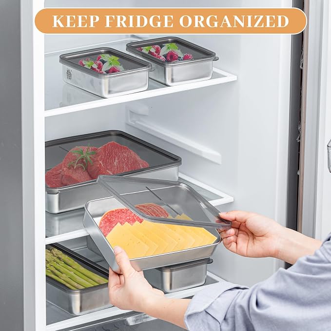 Hushee 9 Pack Bacon Cheese Container for Refrigerator, 304 Stainless Steel Airtight Deli Meat Container, Dishwasher Safe Fridge Storage Fruit Lunch Storage with Lids for Fridge, 4 Sizes