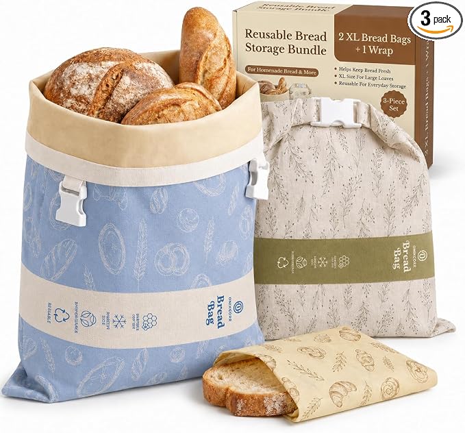 Cotton Beeswax Bread Bags for Sourdough - 3 Pack Reusable 2XL Set with Beeswax Wrap & Buckle Closure, Freezer Safe, Eco-Friendly Organic Storage for Homemade Artisan Loaves