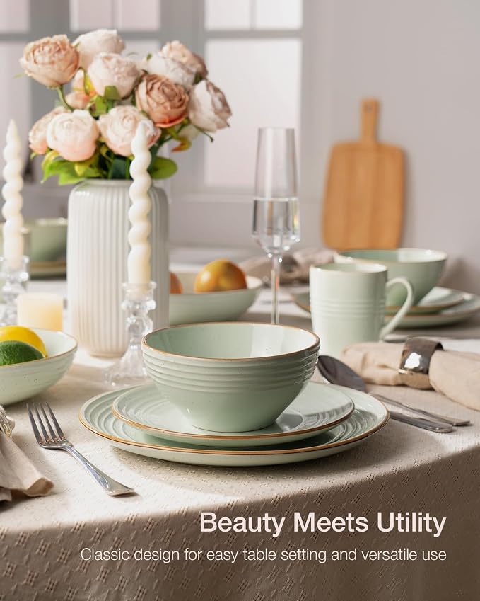 Famiware Jupiter 18-Piece Stoneware Dinnerware Sets for 6 – Handcrafted Plates and Bowls with Speckles & Embossed Swirls, Chip & Scratch Resistant, Modern Rustic Dishes for Daily & Formal Use, Green