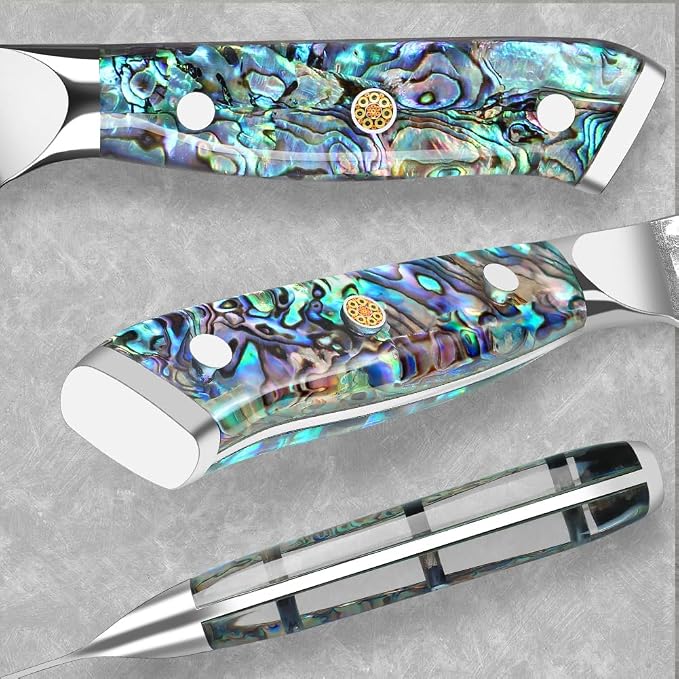 KEENZO Damascus Santoku Knife 7 inch, Razor Sharp Professional Chef Knife, Japanese Hand Forged 67 Layers Hammered Damascus Blade, Ergonomic Abalone Shell Handle Cooking Knife with gift box