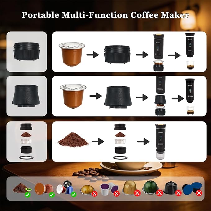 Portable coffee maker Espresso machine,Small battery-powered coffee cup Self-heating portable espresso capsule machine,3-IN-1 with ground coffee and capsules Great for hiking and camping