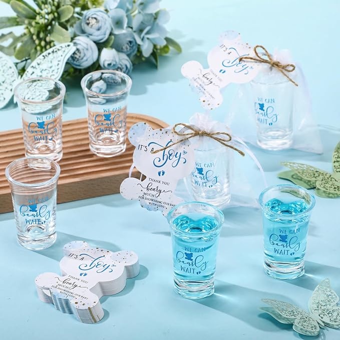 Pickmesh 25 Sets Baby Shower Favor for Guests Include Bear Boy Acrylic Clear Shot Glasses Thank You Cards Organza Bags Babies Shower Gifts for Gender Reveal Party Supplies