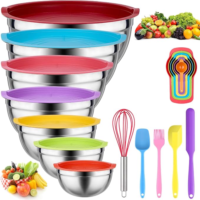 Leidawn Mixing Bowls with Lids for Kitchen - 25 PCS Stainless Steel Nesting Colorful Mixing Bowls Set for Baking,Mixing,Serving & Prepping,Size 5, 3.7, 2.8, 2.3, 1.7, 1.1, 0.7QT,11 Cooking Utensils