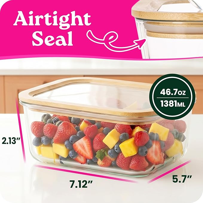 4-Pack Glass Food Storage Containers with Clear-Top Bamboo Lids – Plastic Free 46.7 Oz Glass Meal Prep Containers for Lunch, Eco Friendly Airtight Food Storage, Microwave & Freezer Safe