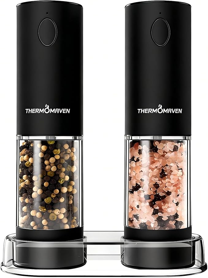 ThermoMaven Electric Salt and Pepper Grinder Set, 110ml Larger Rechargeable Automatic Salt and Pepper Mill Grinder with 6 Adjustable Coarseness, Electric Salt and Pepper Shakers, LED, Midnight Black