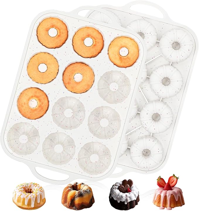Vinino 3 Inch Silicone Mini Fluted Tube Cake Pan with Metal Reinforced Frame, 12-Cavity Mini Flan Mold, Nonstick Baking Pan for Mini Donuts, Muffins, Brownies, Jellies, 2 Pack