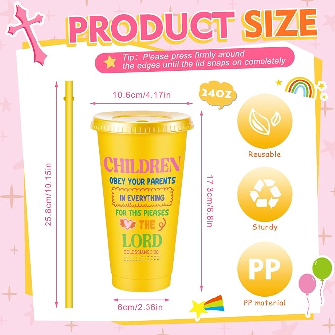 Uiifan 50 Pcs VBS Christian Cups Bulk for Kids, Religious Plastic Tumblers with Bible Verses, Sunday School and Church Gifts, Reusable Cups with Lids and Straws (Pastel)