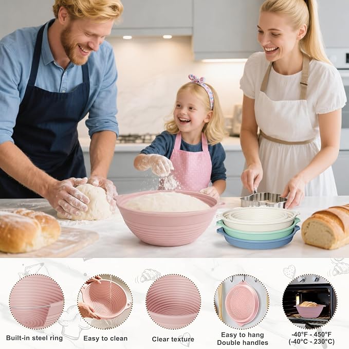 4-Pack Reinforced Silicone Banneton Bread Proofing Baskets for Sourdough, 9" Round Non-Stick Proofing Bowls with Dual Handles, Built-In Rim Support, Oven, Freezer & Dishwasher Safe, Foldable, BPA Free