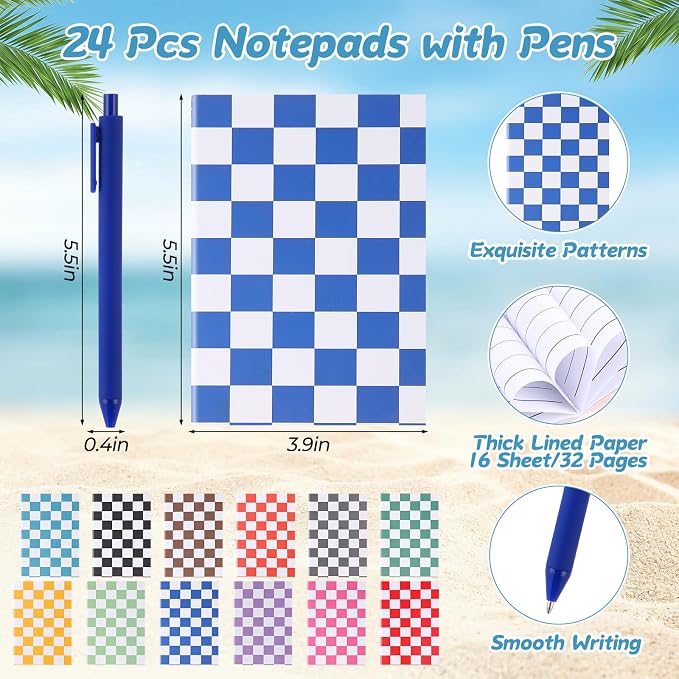 Feifeiya 72 Pcs/ 24 Set Summer Checkered Gifts Bulk 24 oz Checkered Tumbler with Lids and Straws Colorful Pens Notepads Set Plastic Cups Gift for Summer Party Favors Birthday