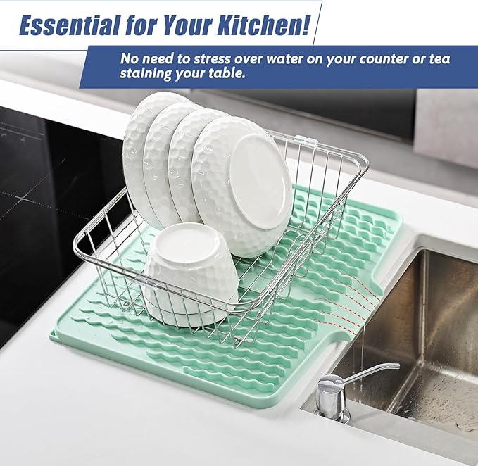 Silicone Dish Drying Mat for Kitchen Counter, Heat-resistant Dish Dryer Mat with Built-in Drain Lip ,Drain Pad Protects Surfaces Prevents Water Build UP (23.6" x 15.7", Mint-1pcs)