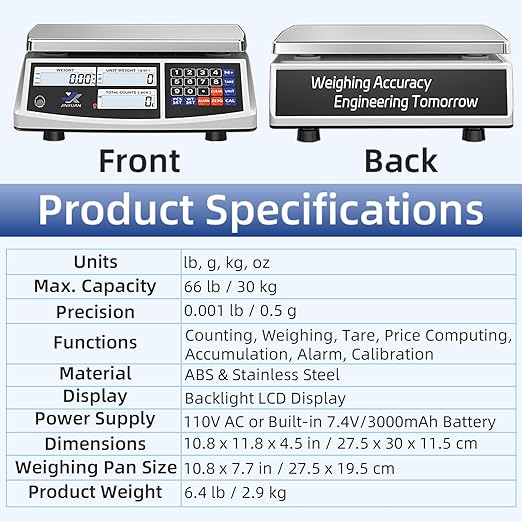 Industrial Counting Scale 66lb/30kg x 0.5g Digital Inventory Scale for Small Parts Coins Jewelry, lb/g/kg/oz Electronic Bench Scale Precision Gram Scale with LCD Backlight Display Batteries AC Adapter