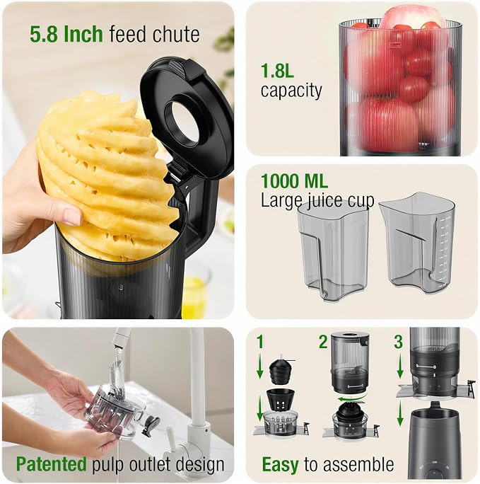 TUUMIIST Cold Press Juicer Machine, 5.3 Inch Extra Large Feed Chute for Whole Fruits, Easy to Clean Slow Juicer, High Yield, BPA Free - Grey