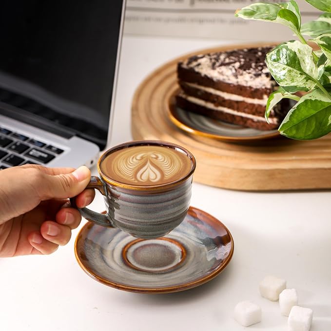 Ceramic Espresso Cups with Saucers 5 Oz,Set of 4 Porcelain Demitasse Cups Set,Small Coffee Cups with Handle for Coffee,Tea,Latte and Macchiato,Cappuccino Mugs for Kitchen and Cafe,Brown
