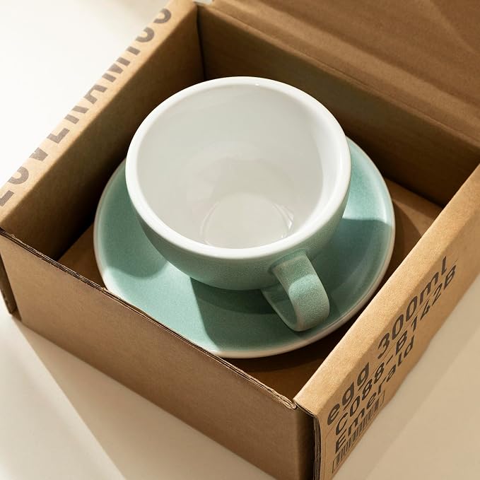 Loveramics Matt Cappuccino Cup, 10 oz Ceramic Latte Art Mug with Saucer, Thick-walled stoneware cup Set, Barista Latte Cup Set for Latte, Cappuccino, Tea - Mineral Colors (Emerald, 10OZ)