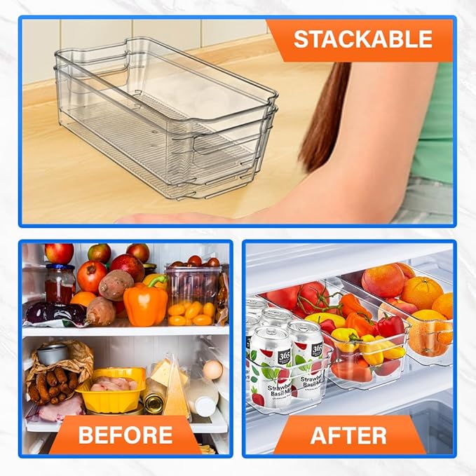 10-Piece Stackable Refrigerator Bin Organizer Set with Easy Grip Handles - Clear Multi-Purpose Storage Bins for Fridge and Pantry Use
