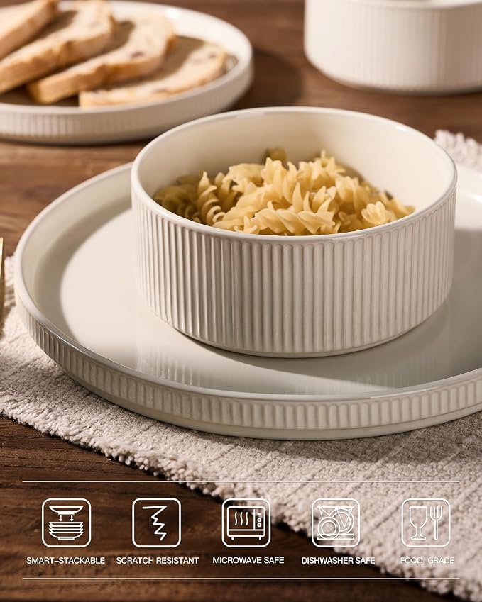 Famiware Star 24-Piece Stoneware Dinnerware Set for 6 – Shallow Pasta Bowls & Flat Plates – Modern Rustic Dishes, Everyday & Formal Use – Chip & Scratch Resistant, Microwave & Dishwasher Safe, Oat