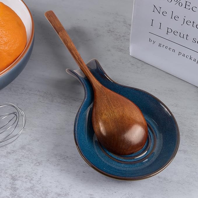 JINIHFW Spoon Rest for Kitchen, Ceramic Spoon Holder for Stove Top, Cooking Spoon Holder,Heat Resistant Utensil Rest for Countertop, Dishwasher Safe, Blue (1 pcs)