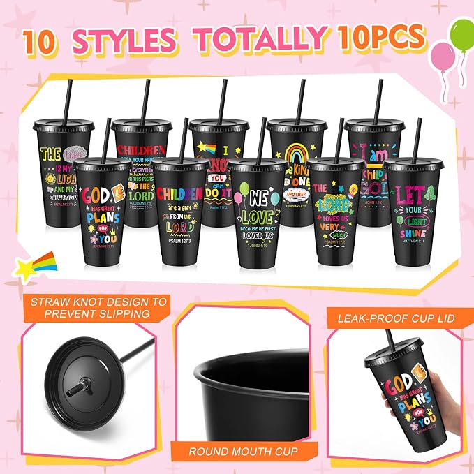 Uiifan 10 Pcs VBS Christian Cups Bulk for Kids, Religious Plastic Tumblers with Bible Verses, Sunday School and Church Gifts, Reusable Cups with Lids and Straws (Black)