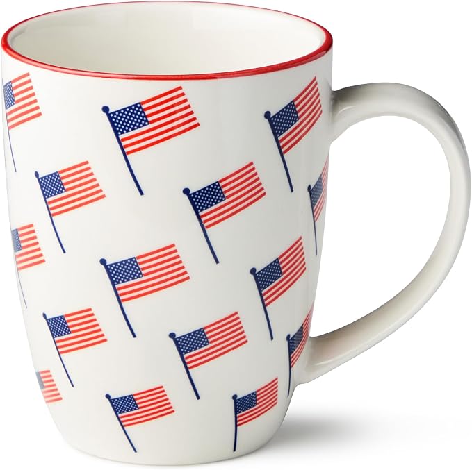 Patriotic Pad Print Porcelain MUGS SET of 6, 14 ounce red white and blue assorted star stripe and flag designs for coffee tea and festive everyday drinkware