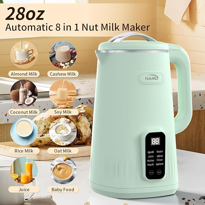 Nut Milk Maker Machine, 28oz Automatic 8-in-1 Quiet Operation Soy Milk Maker, Homemade Almond, Coconut, Juice & Soup, Delay Start/Keep Warm/Self-Cleaning/Boil Water (Cyan)