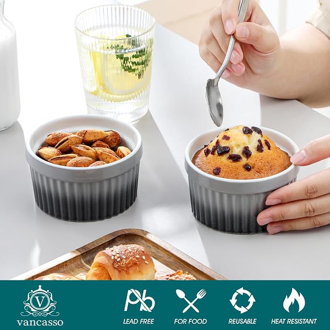 vancasso 8 oz Ramekins with Lid, Porcelain Creme Brulee Souffle Dishes, Grey Pudding Custard Cups Ramiken for Baking, Dishwasher and Oven Safe, Set of 6