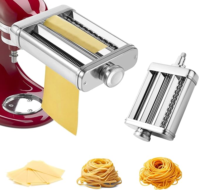 Wiselet Stainless Steel 3 In 1 Pasta Maker Attachment for KitchenAid Stand Mixer, Included Pasta Sheet Roller Spaghetti and Fettucine Cutter, Heavy Duty Sturdy and Durable