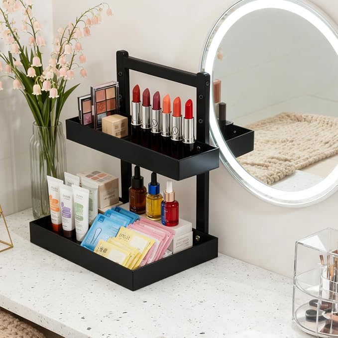 2-Tier Under Sink Pull Out Organizer, Bamboo Cabinet Storage Shelf with Adjustable Height, Slide Out for Kitchen Bathroom Pantry (Black, 2 Packs)