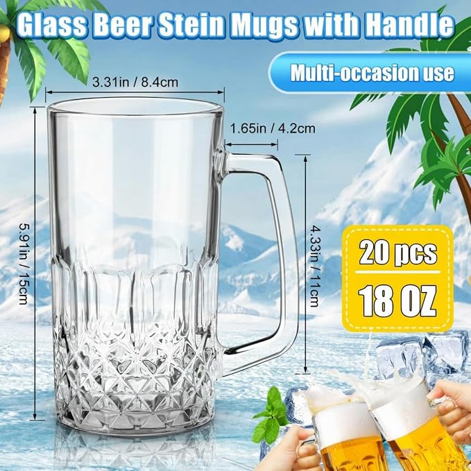 Reallnaive 20 Pack 18 oz Beer Mugs for Oktoberfest Freezer Glass Beer with Handles Mugs Steins German Large Heavy Cups for Men Drinking Gifts (Diamond Style)