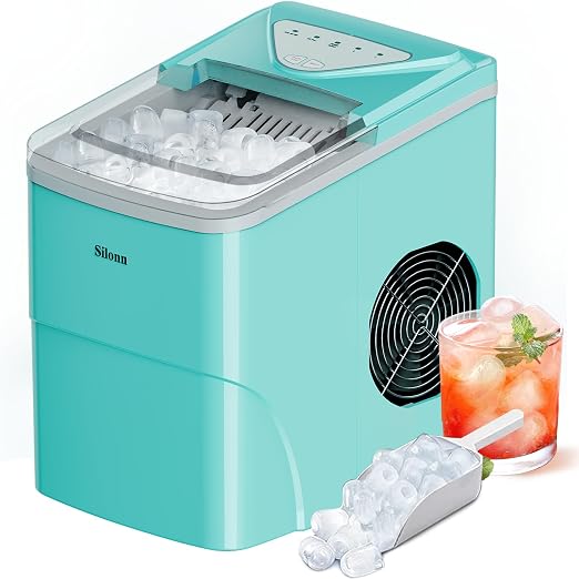 Silonn Ice Makers Countertop, 9 Cubes Ready in 6 Mins, Self-Cleaning Ice Machine with Ice Scoop and Basket, 26lbs in 24Hrs, 2 Sizes of Bullet Ice for Home Kitchen Office Bar Party, Green