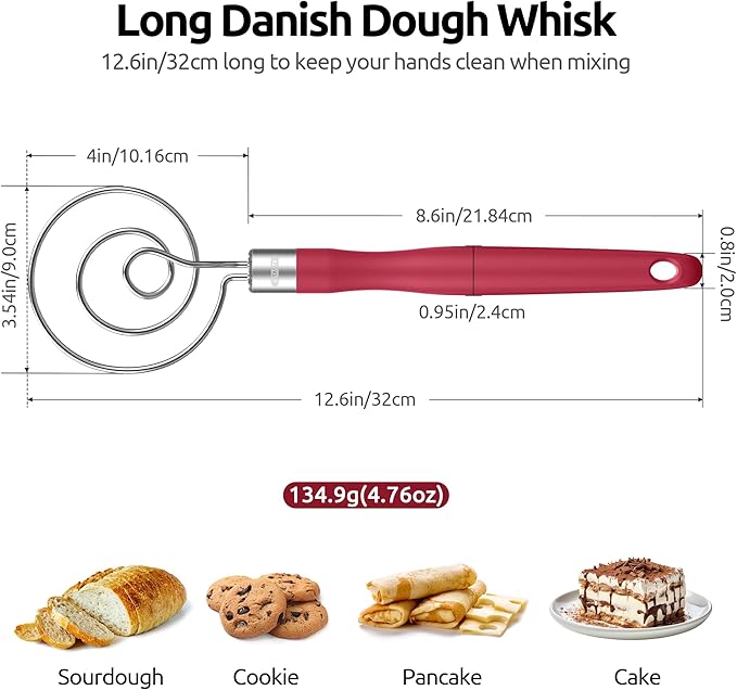 U-Taste 18/8 Stainless Steel Measuring Cups and Spoons Set of 10 and 12.6in Stainless Steel Danish Dough Whisk (Red)