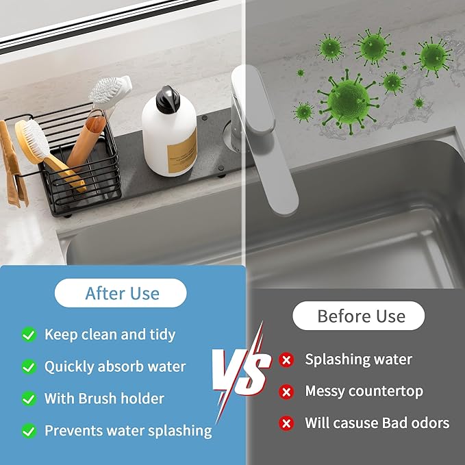 YIGII Faucet Mat for Kitchen Sink with Brush Holder, 23.6 Inch Absorbent Sink Splash Guard, Diatomite Stone Sink Mat for Bathroom Counter, Fast Drying Around Faucet