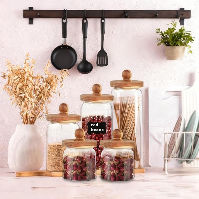5 Pcs Glass Storage Jars with Wooden lid Clear Spice Food Storage Containers with Label and Pen Candy Airtight Canisters for Kitchen Beans Cookie (4 Sizes)